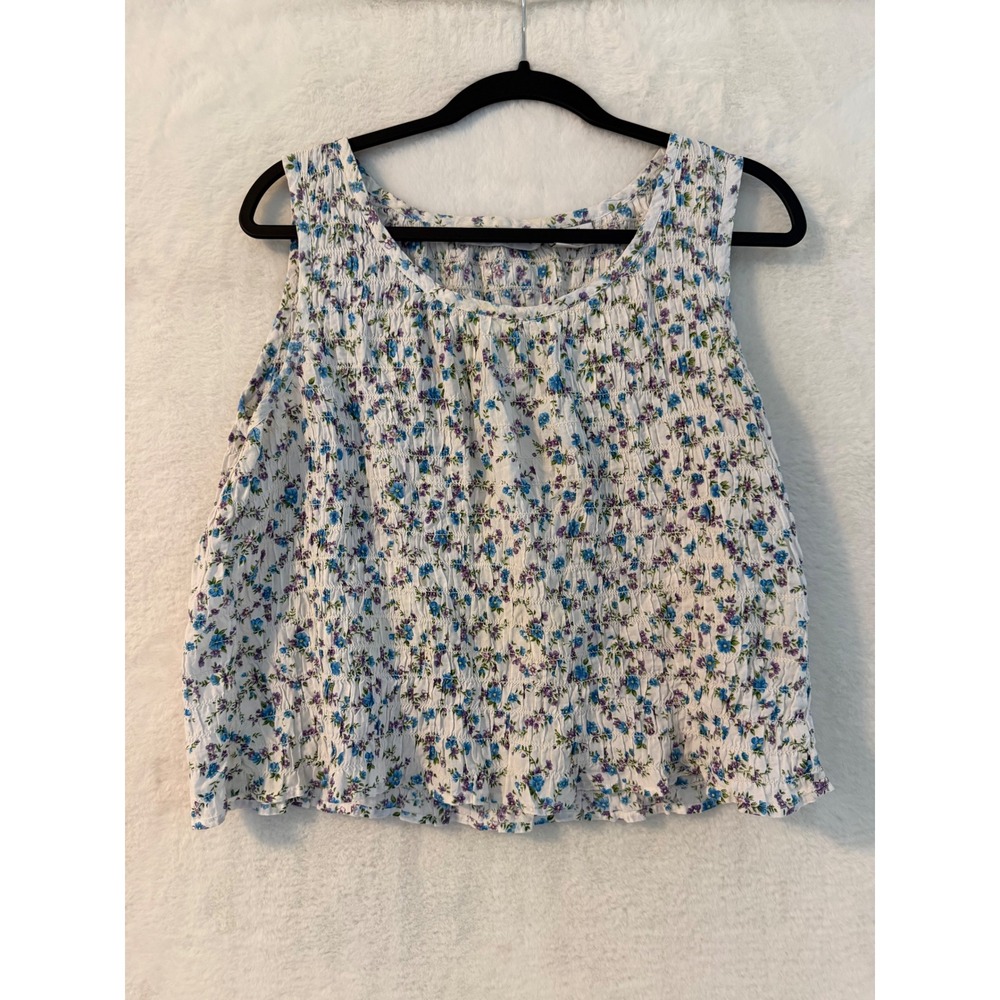 Victoria Jones Floral Smocked Tank Top Womens Large Blue Purple 100% Cotton L